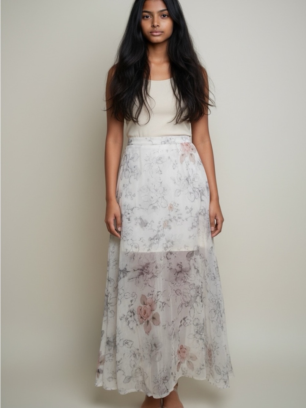 Sheer Floral Maxi Skirt in Ivory and Blush
